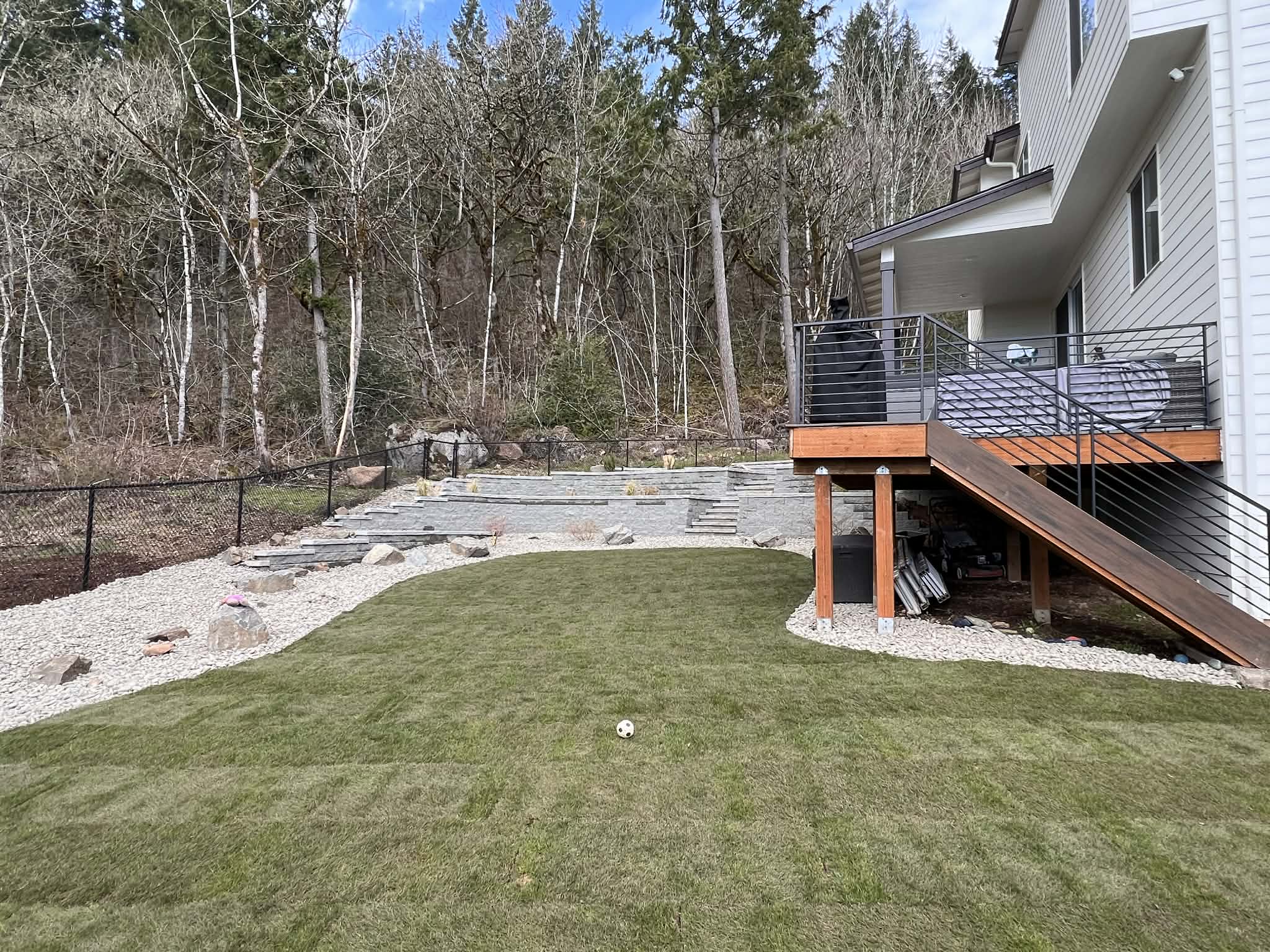 Backyard deck walkway landscape in Portland, OR